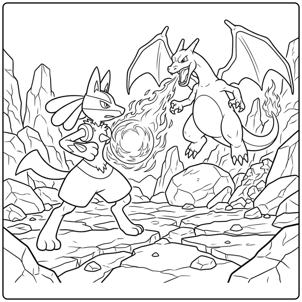 Exciting Lucario in Battle with Charizard coloring page