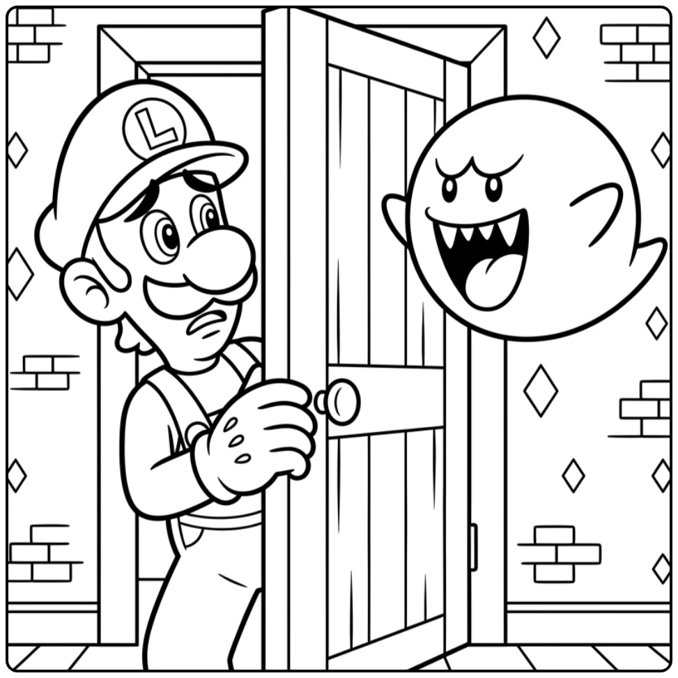 Exciting Luigi Peeking Behind a Door coloring page