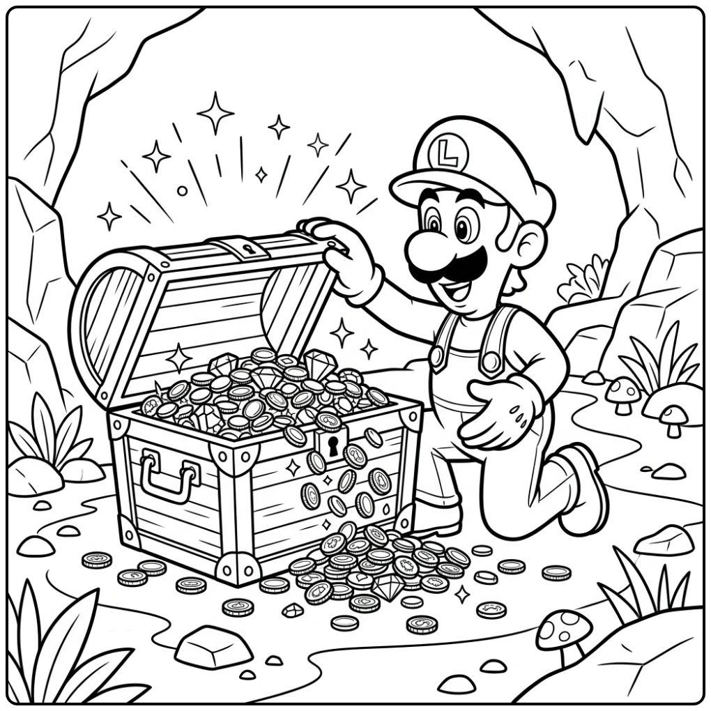 Exciting Luigi Discovering a Shiny Coin Treasure coloring page