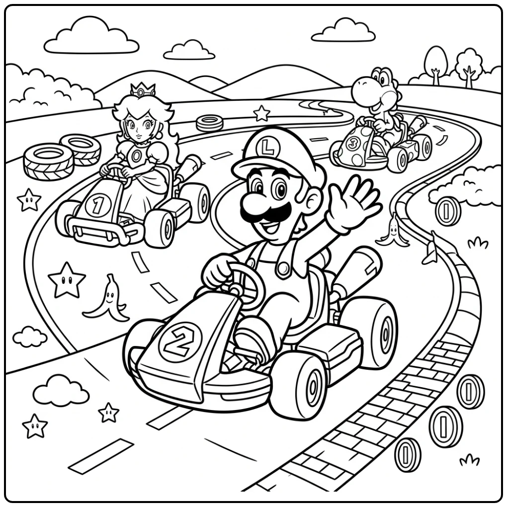 Exciting Luigi Racing in Front with His Friends coloring page