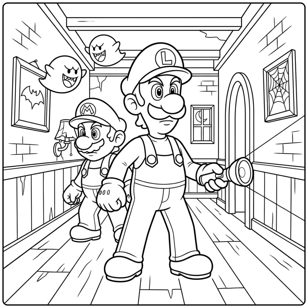 Exciting Luigi Exploring a Spooky Corridor coloring page