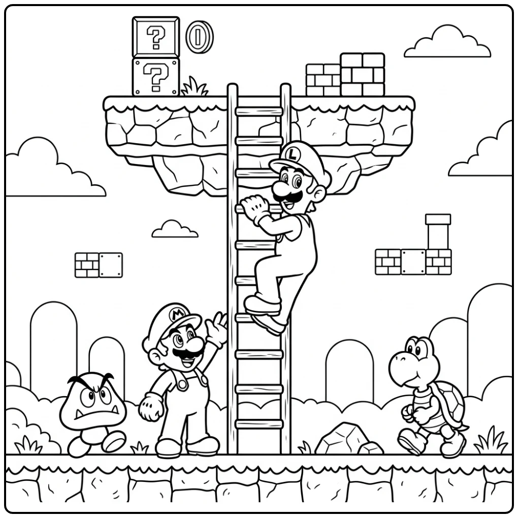 Exciting Luigi Climbing Toward a Platform coloring page
