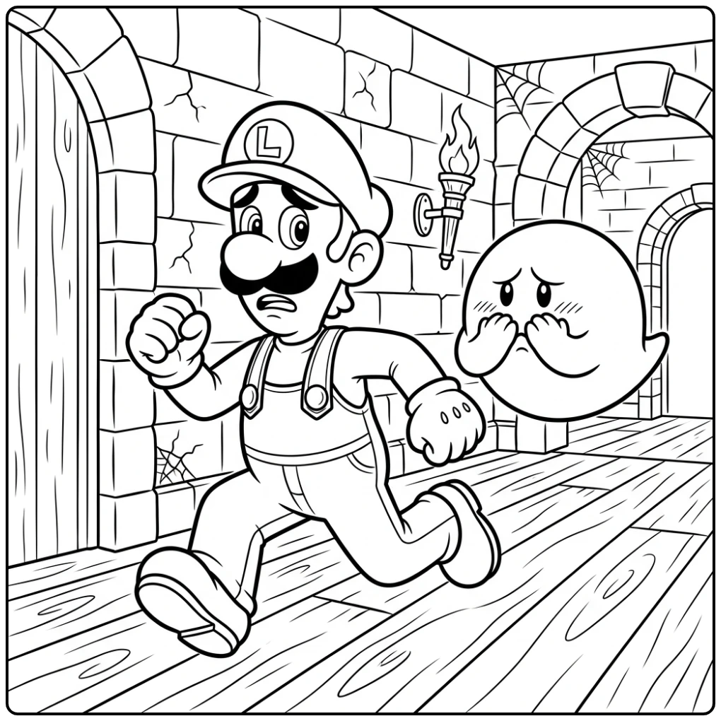 Exciting Luigi Escaping a Ghost coloring page