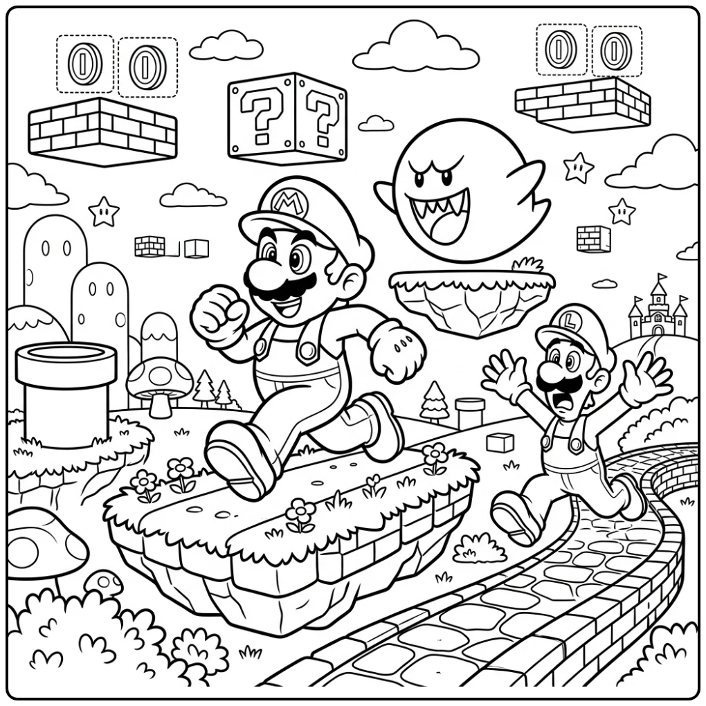 Mario and Luigi Fleeing from Boo coloring page