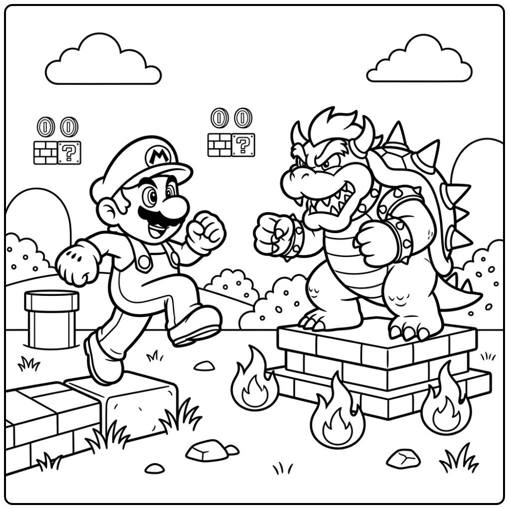 Exciting Mario Jumping Against Bowser coloring page