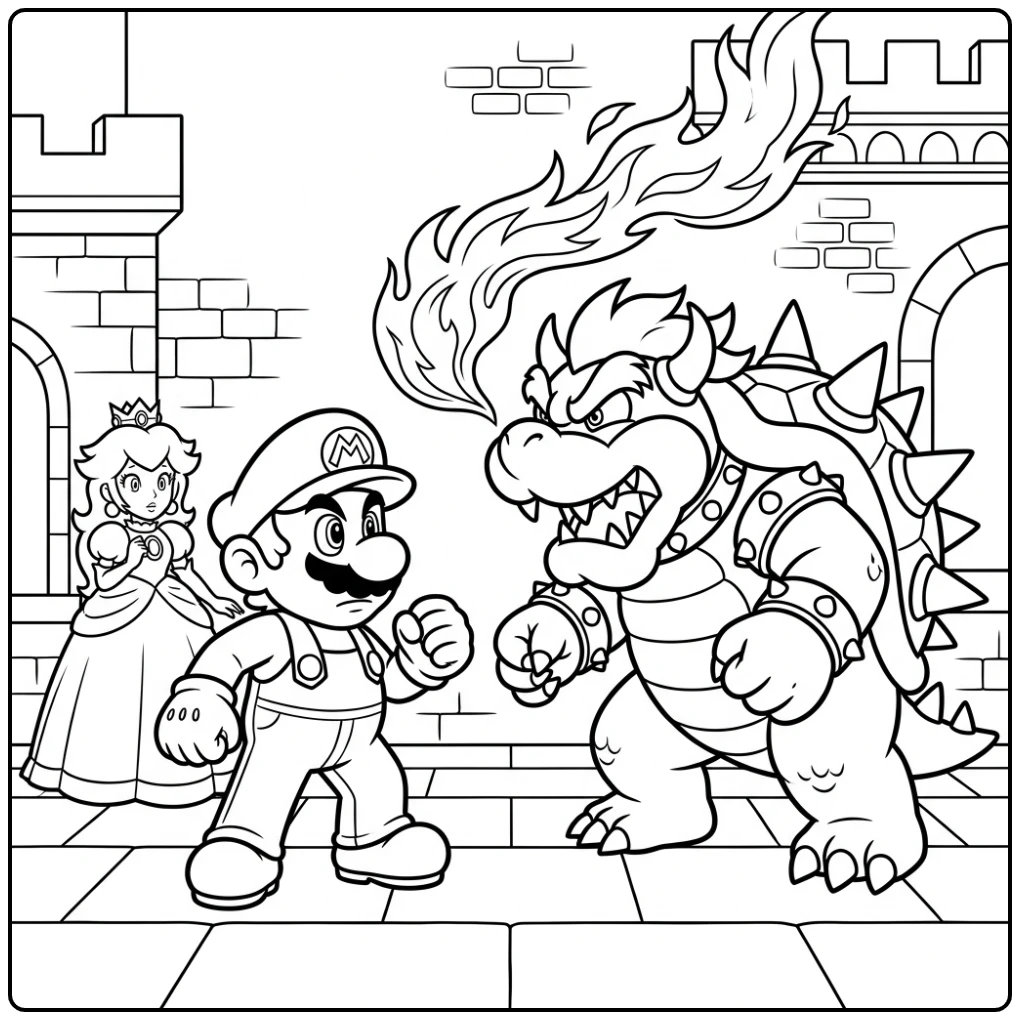Mario Defeating Bowser to Rescue Peach coloring page