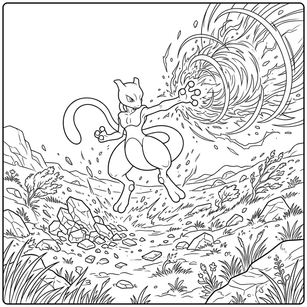 Exciting Mewtwo in a Field with Flying Debris coloring page