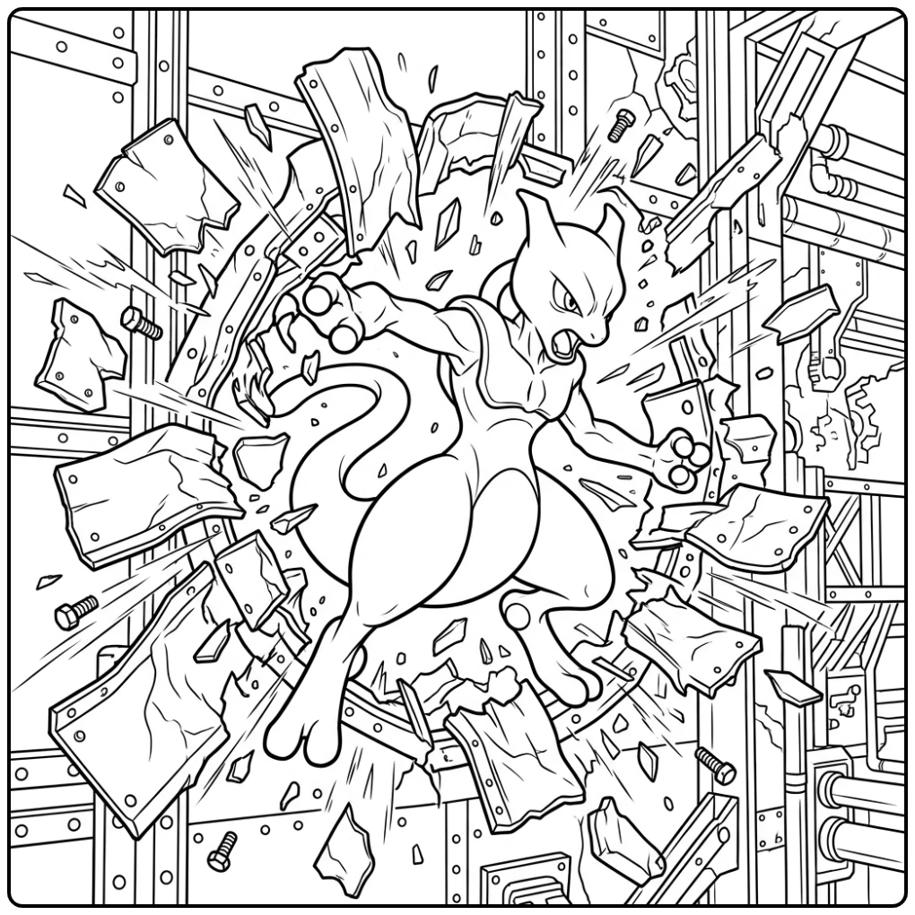 Exciting Mewtwo Destroying a Wall coloring page
