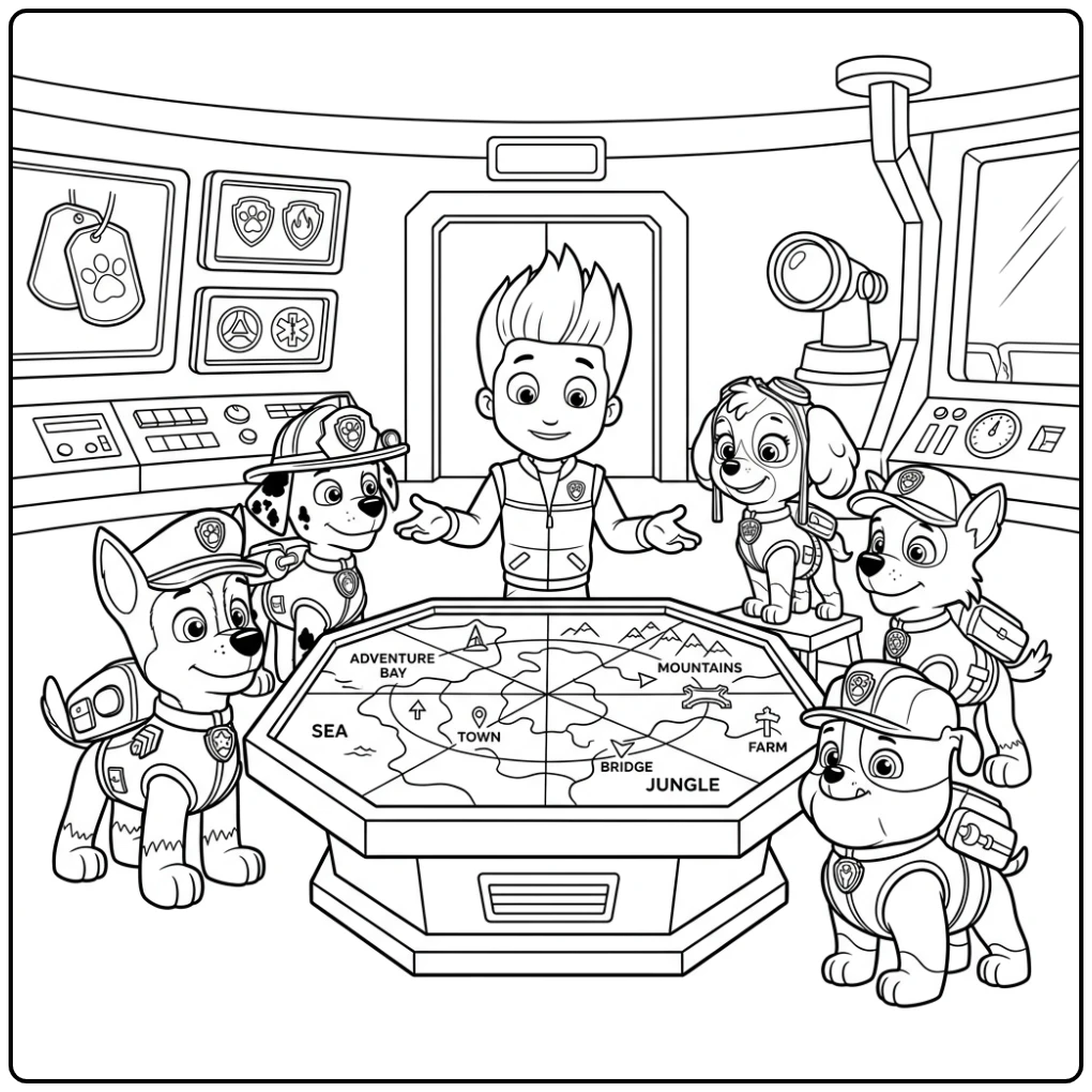 Exciting Mission Planning Paw Patrol Ryder and Pups coloring page