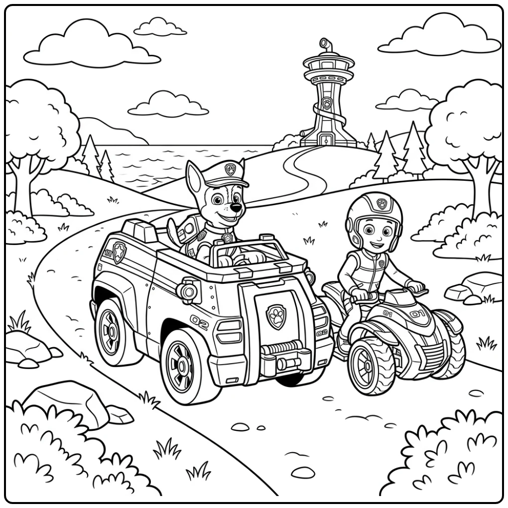 Exciting Paw Patrol Vehicle Chase and Ryder in Action coloring page