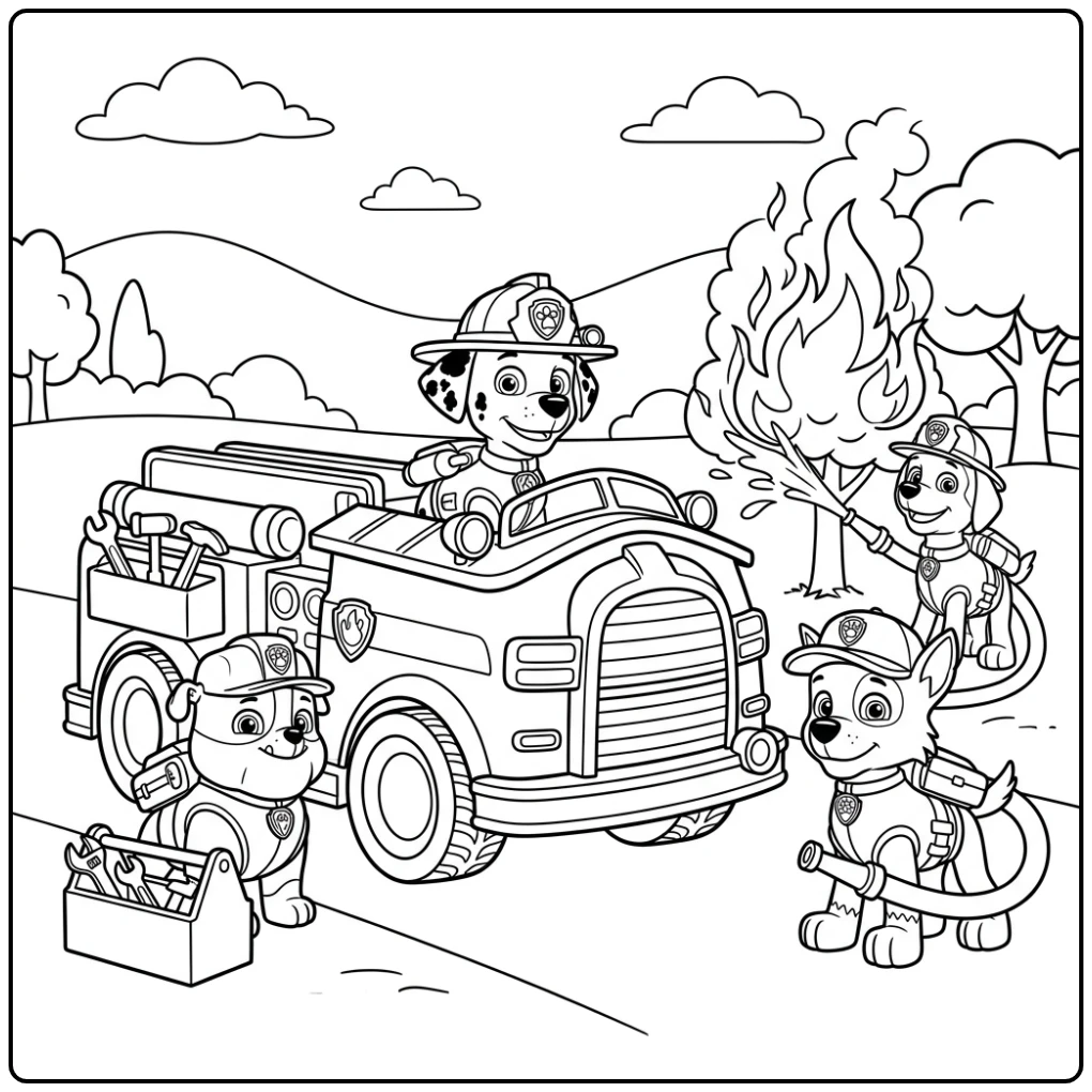 Exciting Paw Patrol Vehicle with Marshall Putting Out a Fire coloring page