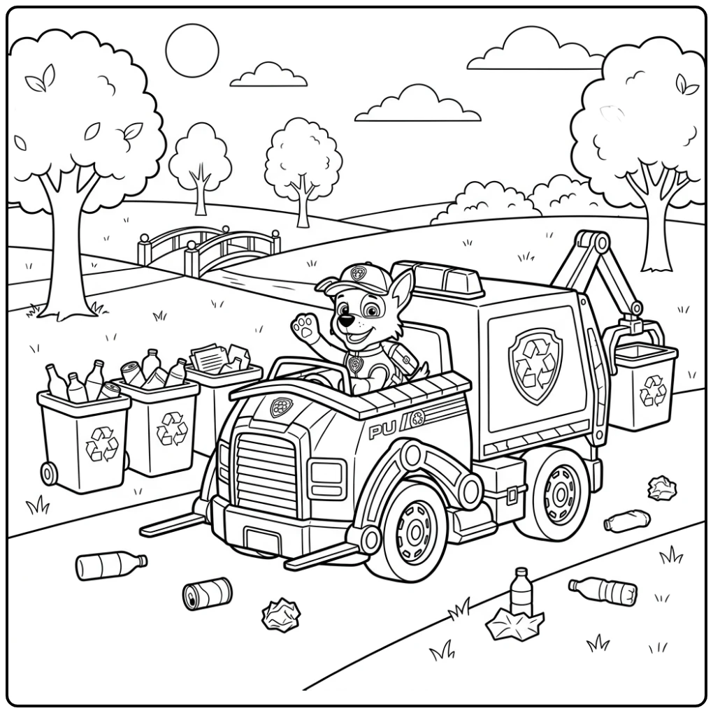 Exciting Paw Patrol Vehicle Rocky in His Recycling Truck coloring page