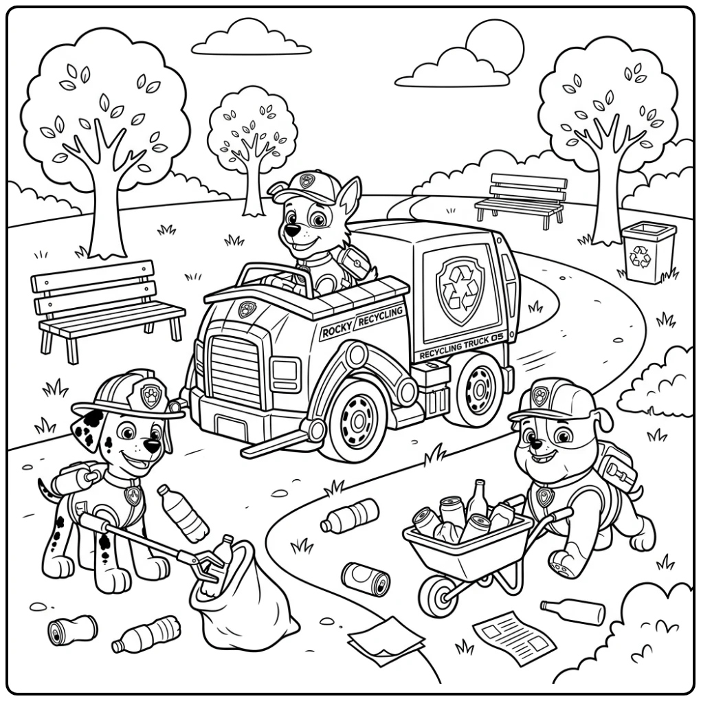 Exciting Paw Patrol Vehicle Rocky Clearing on in the Park coloring page