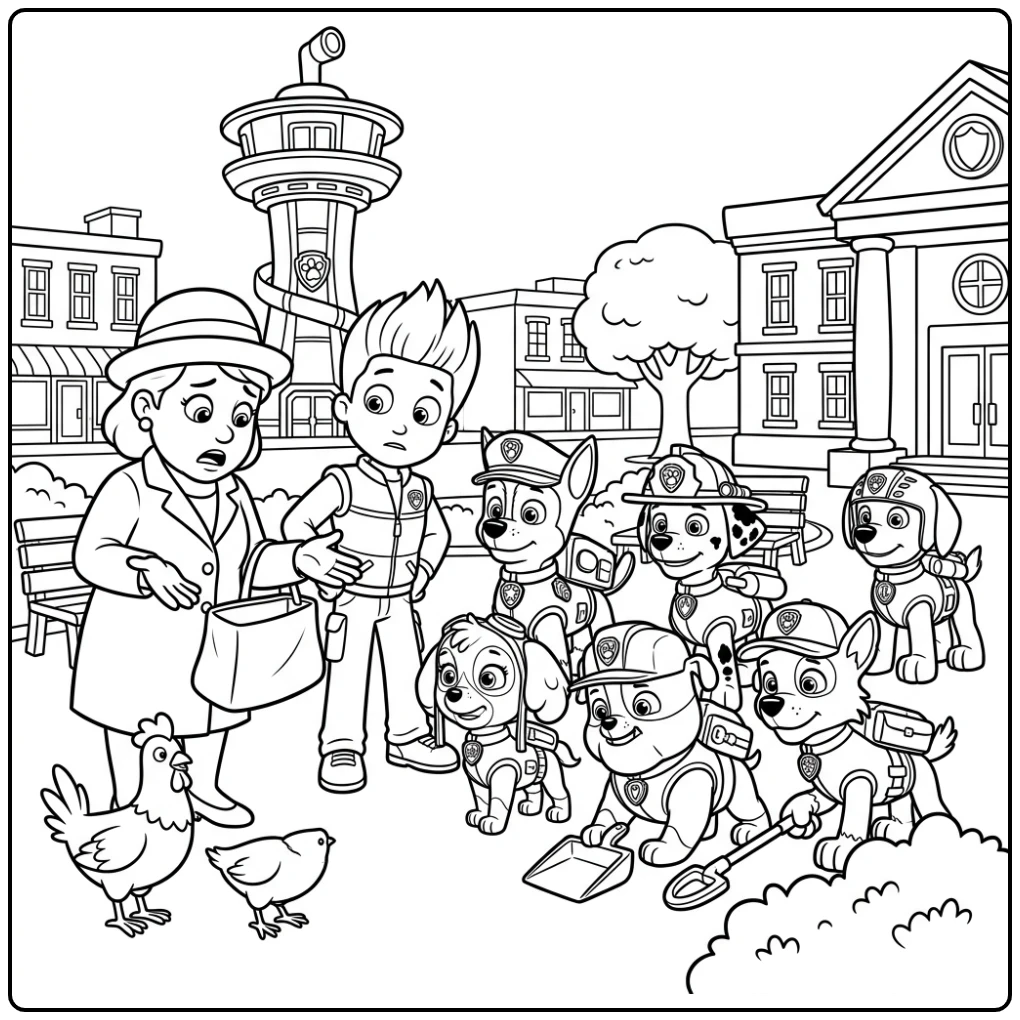Exciting Paw Patrol Ryder Helping Mayor Goodway Searching coloring page