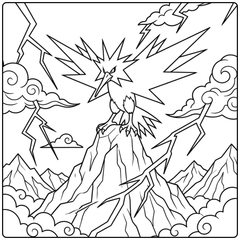 Exciting Pokemon Zapdos in a Heavy Storm coloring page