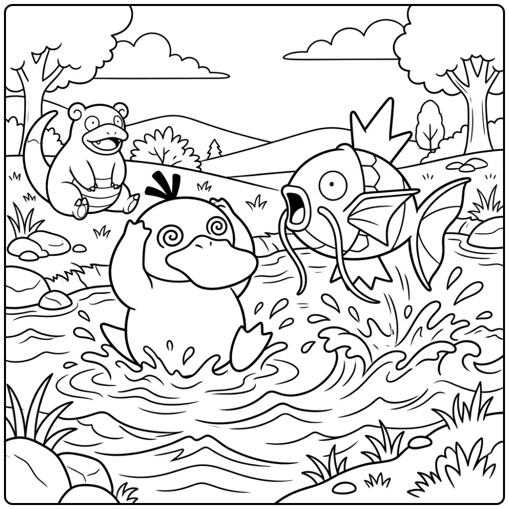 Exciting Psyduck Magikarp and Surprised Slowpoke coloring page