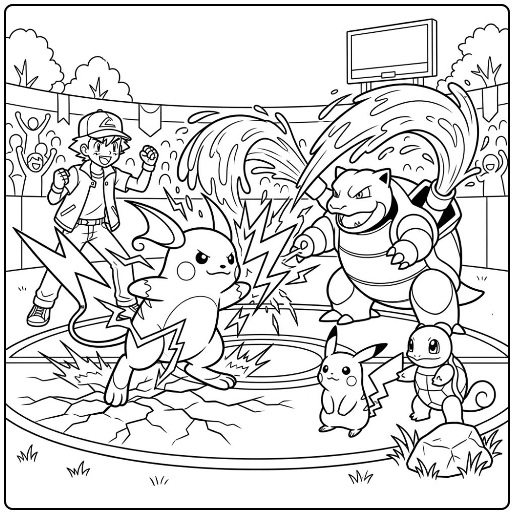 Exciting Battle Raichu Vs Blastoise coloring page