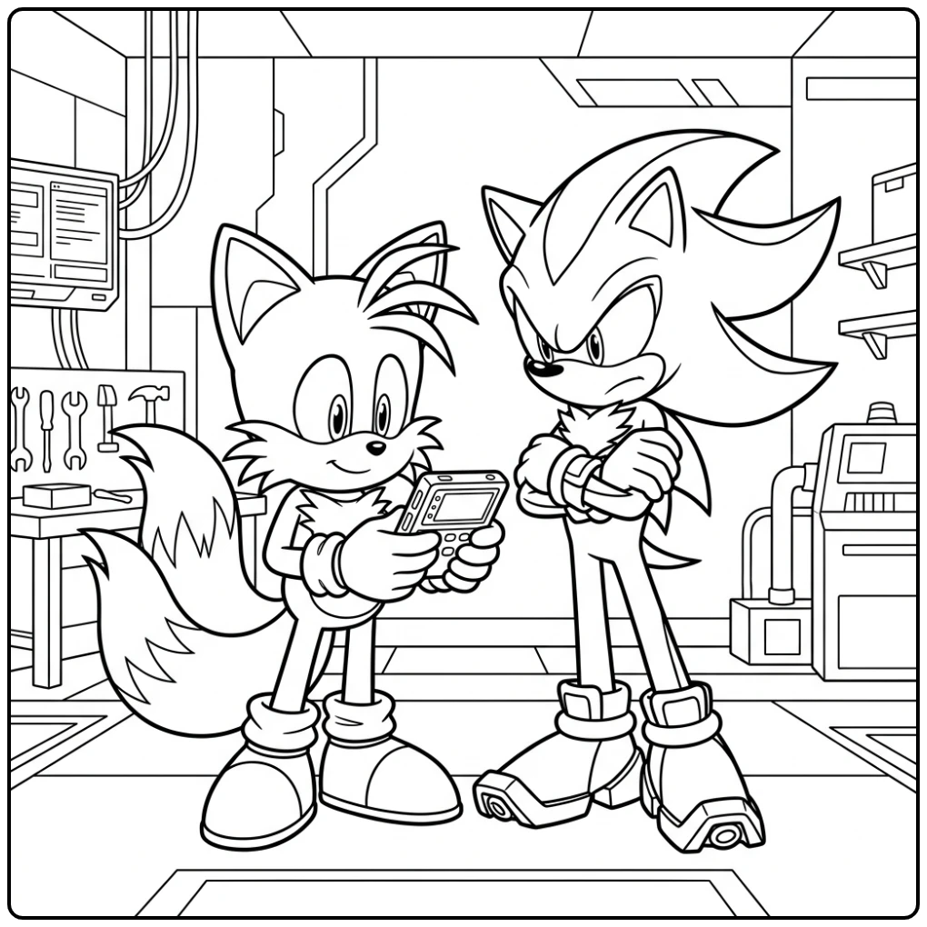 Exciting Shadow and Tails Inspecting Tech coloring page