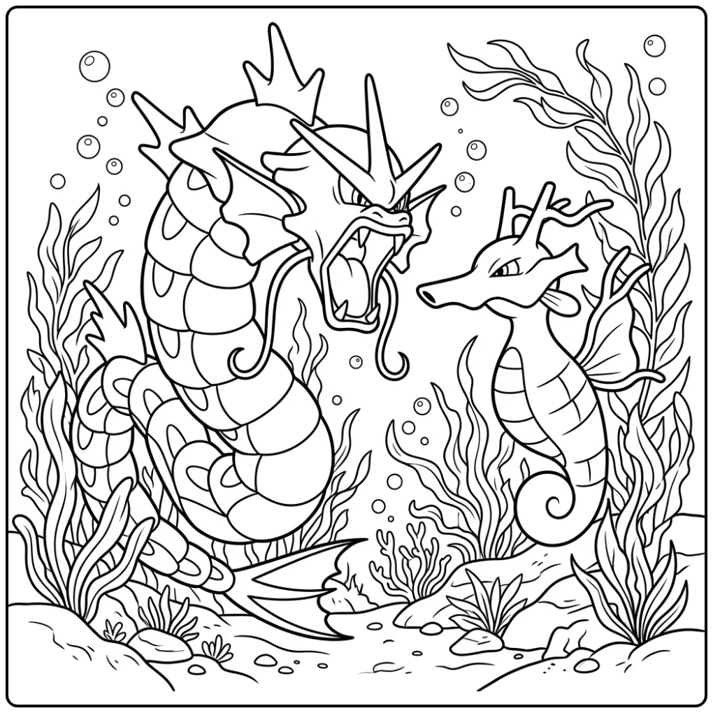 Tense Underwater Gyarados Versus Kingdra coloring page