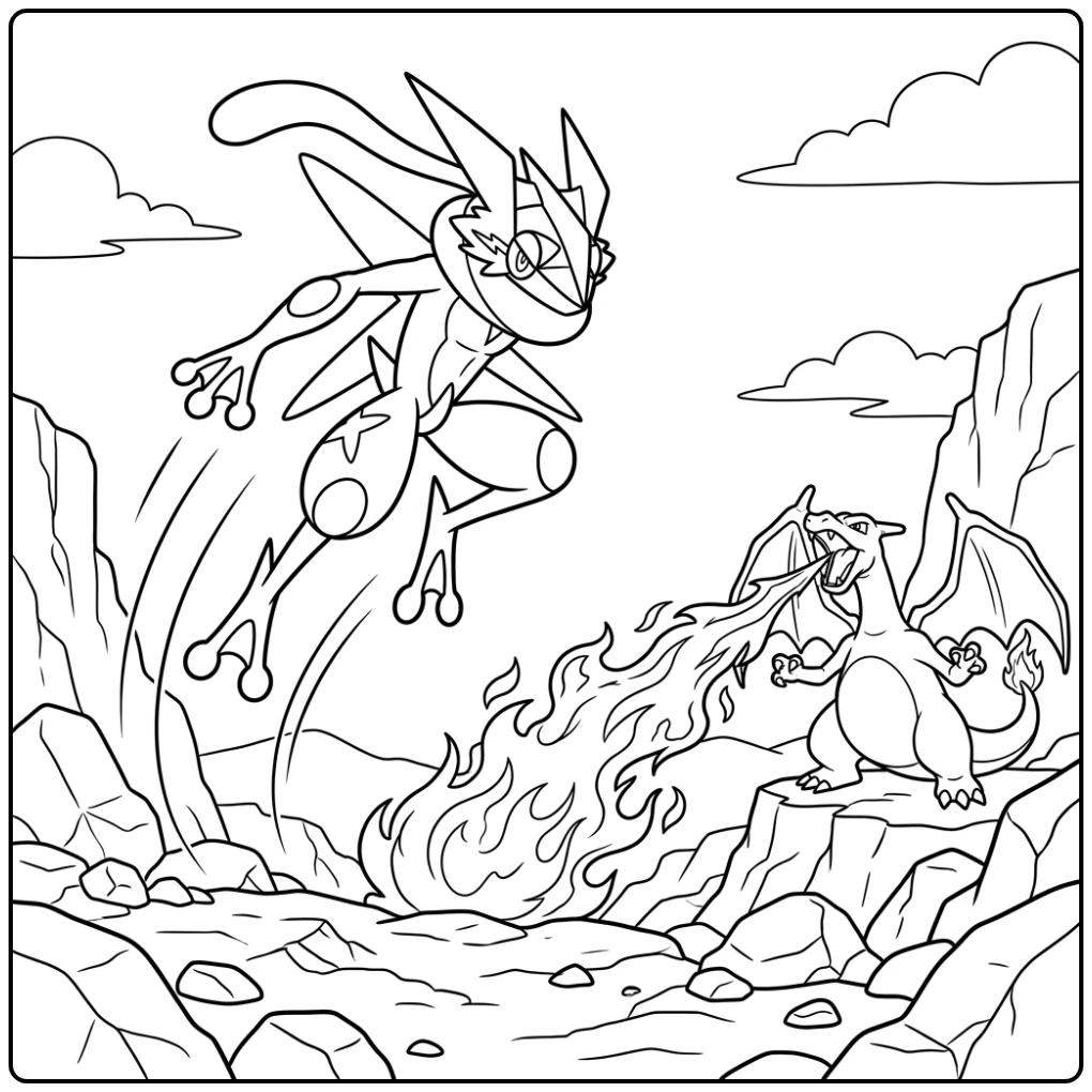 Spectacular Greninja Aerial Jump coloring page