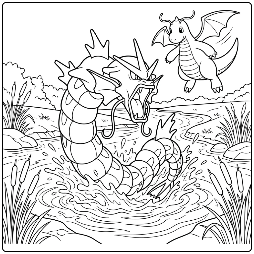 Spectacular Gyarados Dragonite in the Sky coloring page
