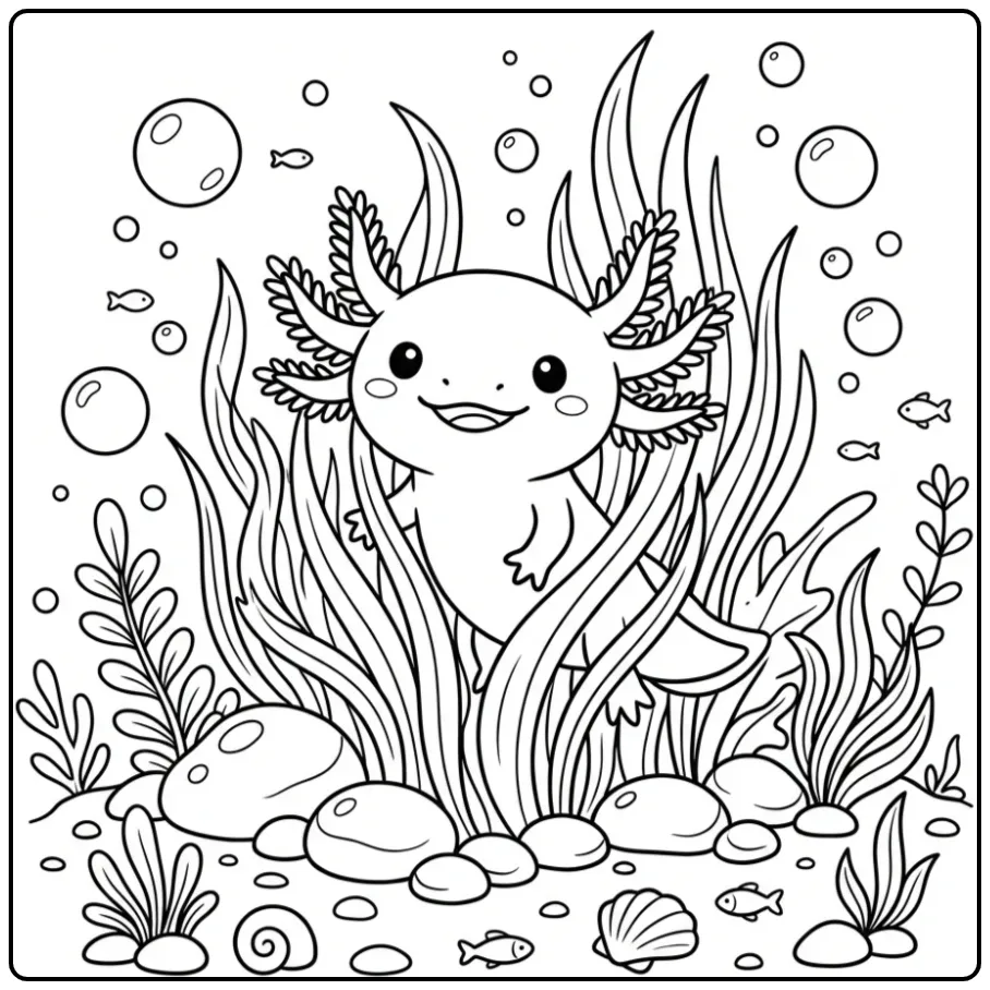 Playful Axolotl Hidden Among Plants coloring page