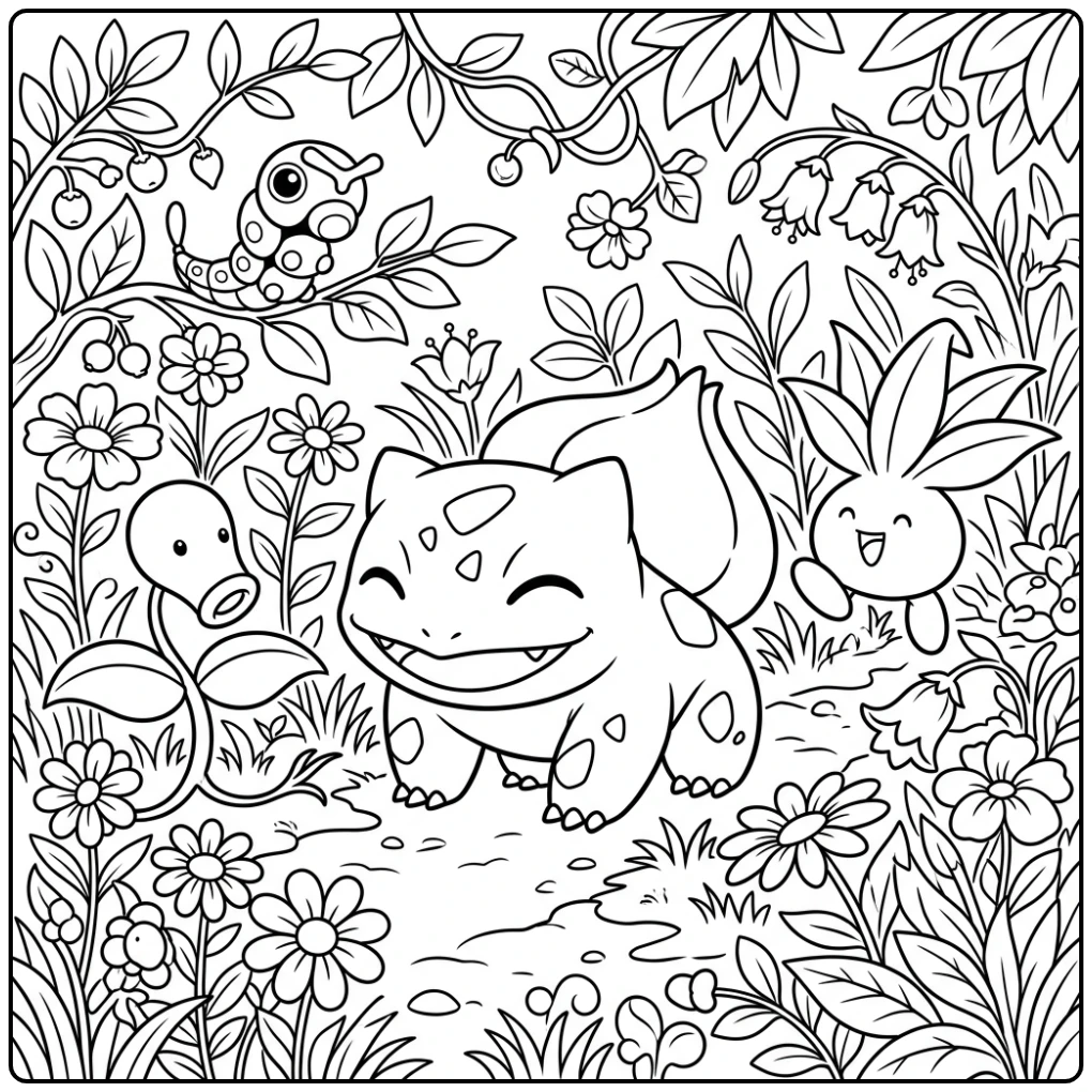 Playful Bulbasaur Full of Flowers and Pokemon coloring page