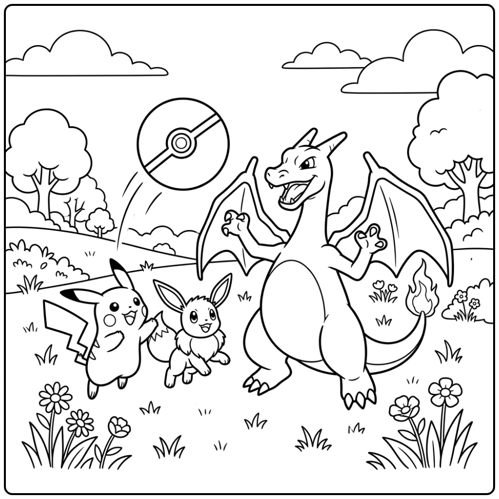 Playful Charizard Pikachu and Eevee Friendship coloring page