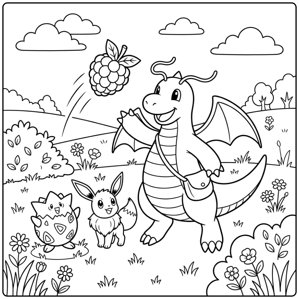 Playful Dragonite Togepi and Eevee Playing coloring page