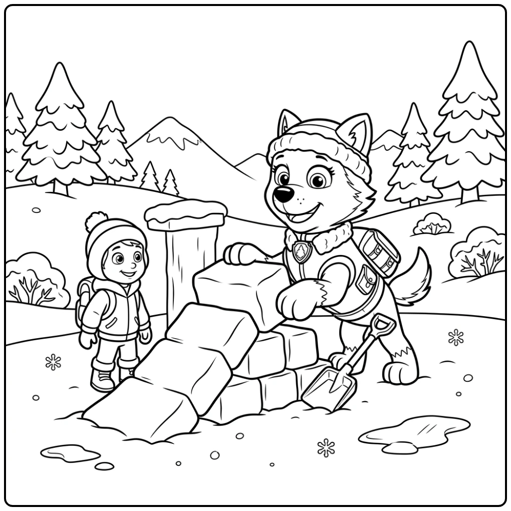 Playful Paw Patrol Everest Building a Safe Snow Track coloring page