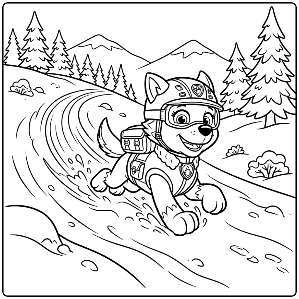 Playful Everest Paw Patrol on Snowy Hill coloring page