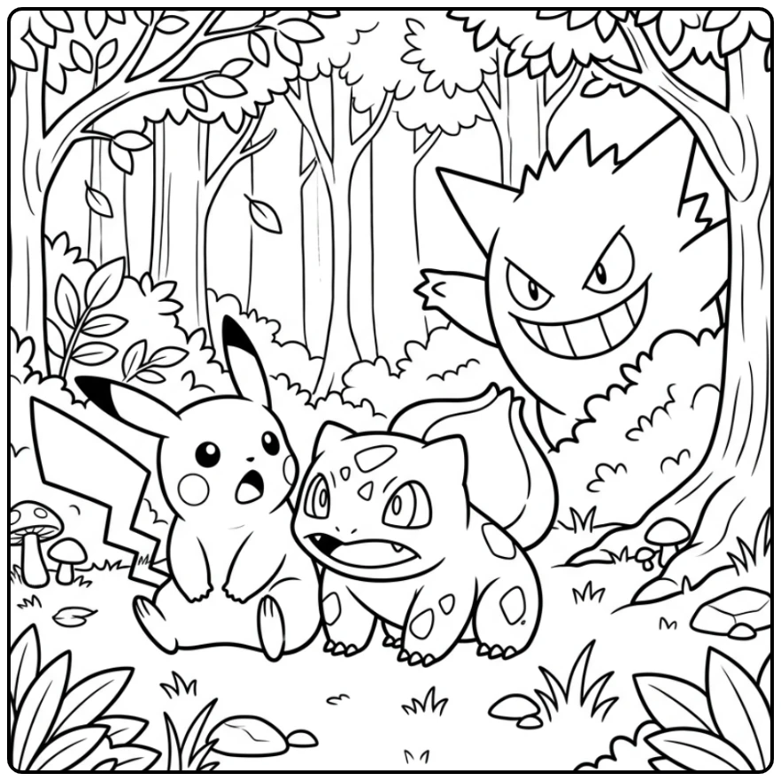 Playful Gengar Surprised Friends in the Forest coloring page