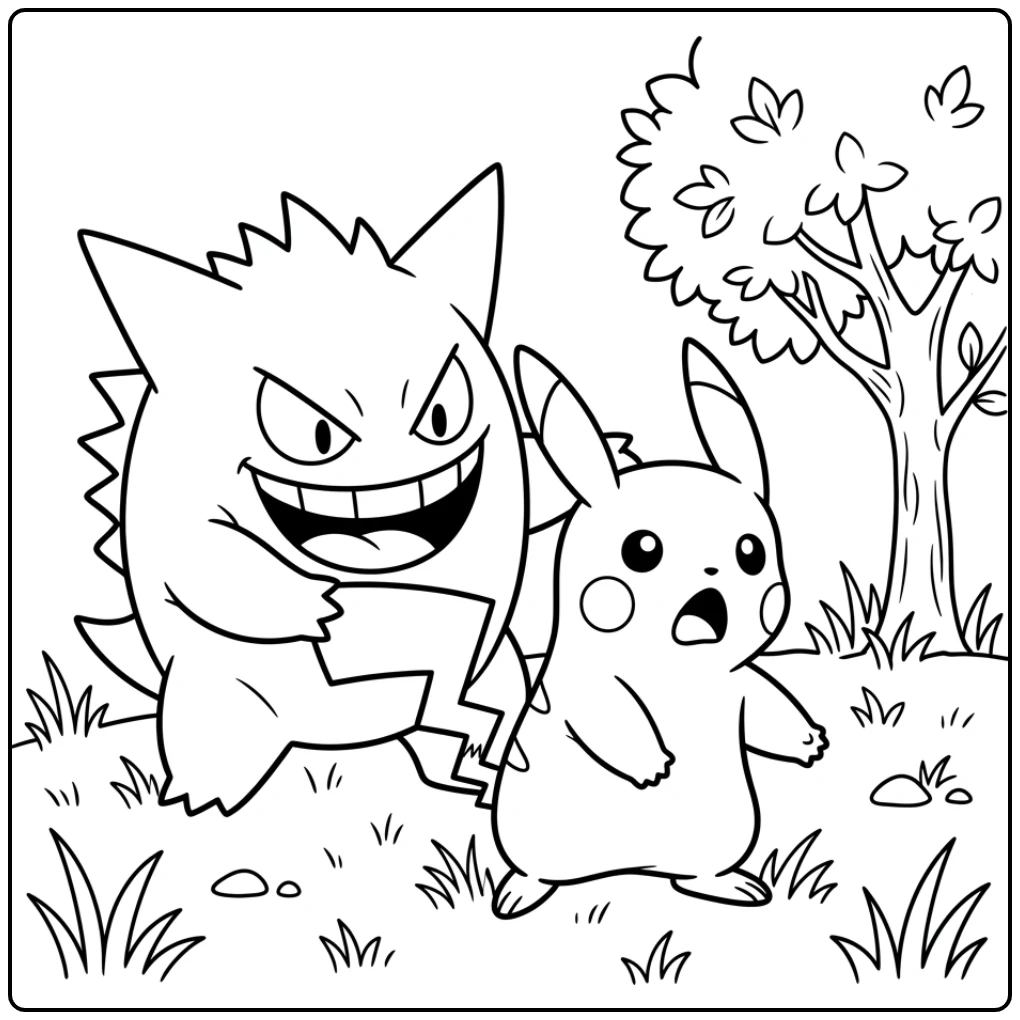 Playful Gengar with a Cute Pikachu coloring page