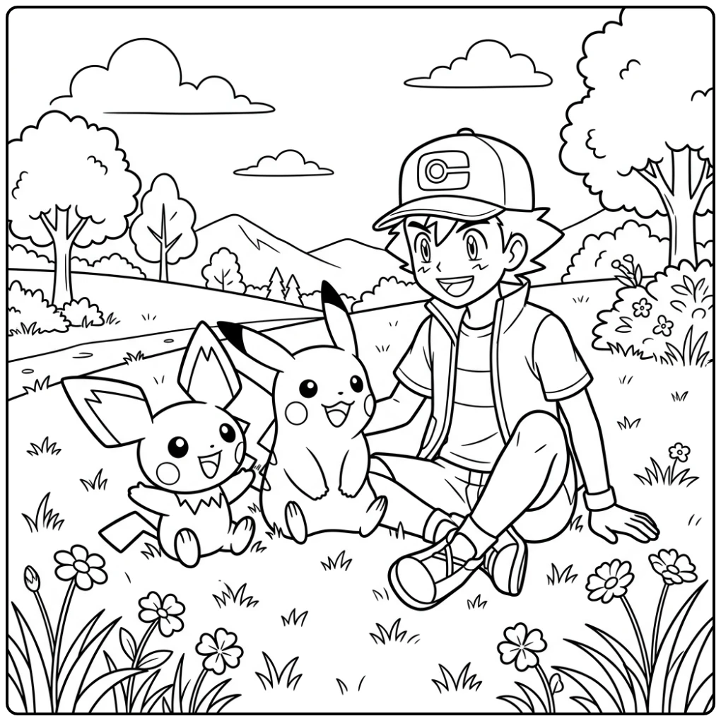 Playful Pichu Together with Pikachu and Ash coloring page