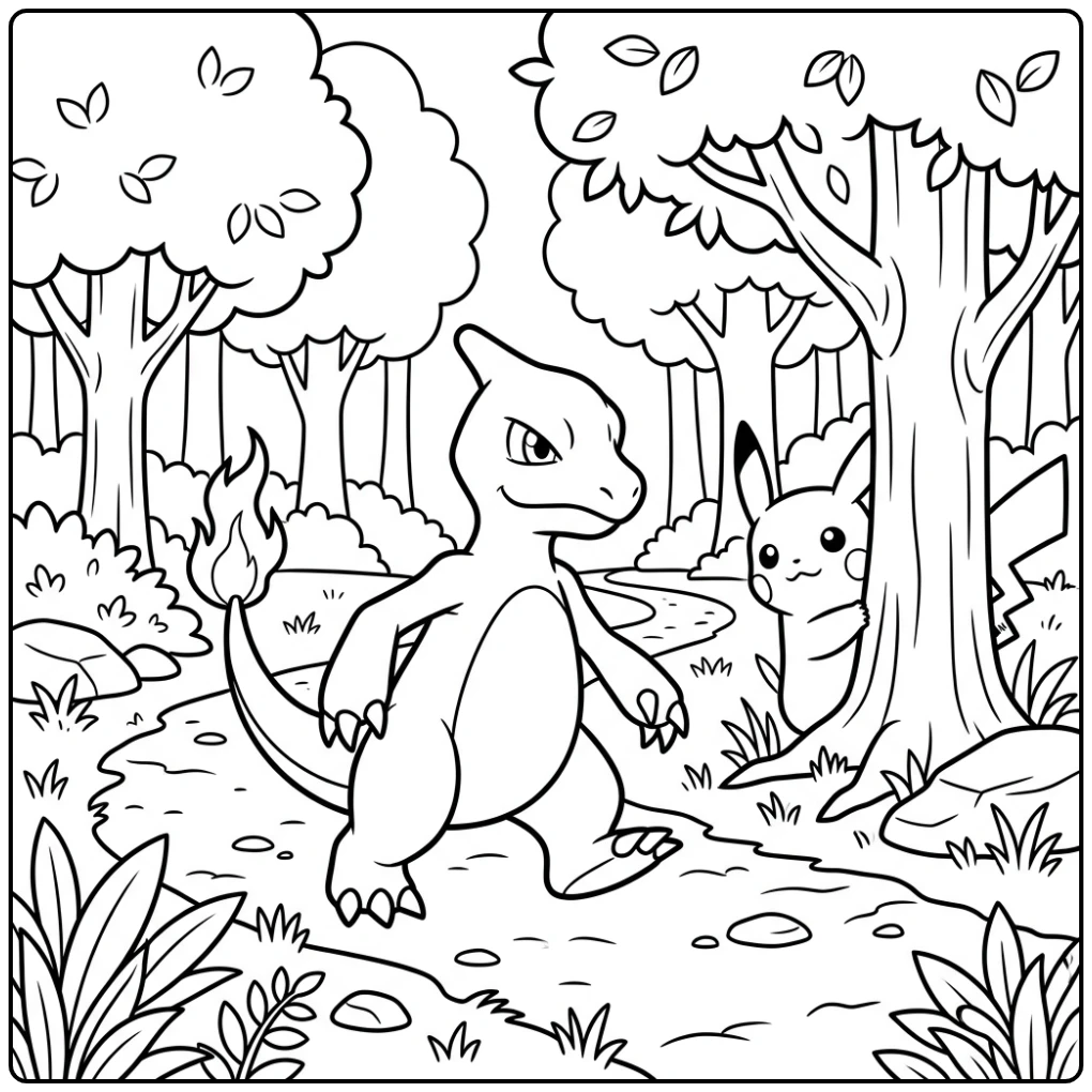 Playful Pokemon Charmeleon and Pikachu coloring page