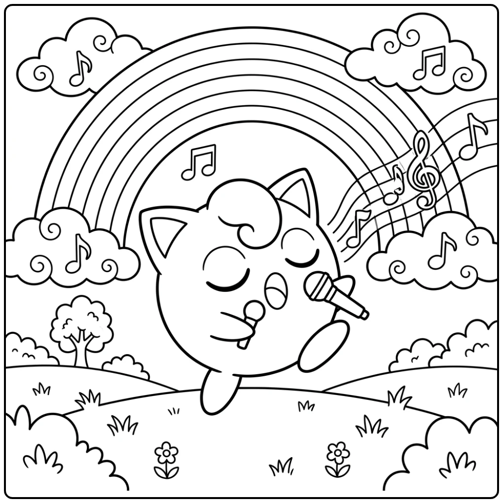 Playful Pokemon Rainbow with Singing Jigglypuff coloring page