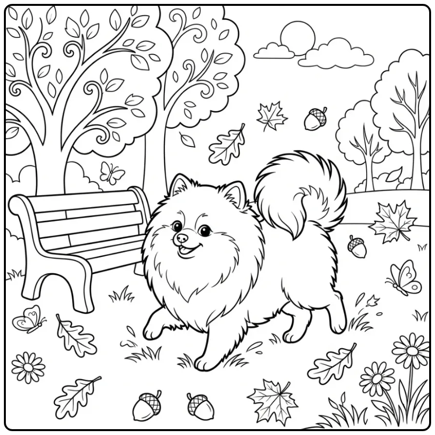 Playful Pomeranian in the Park with Leaves coloring page