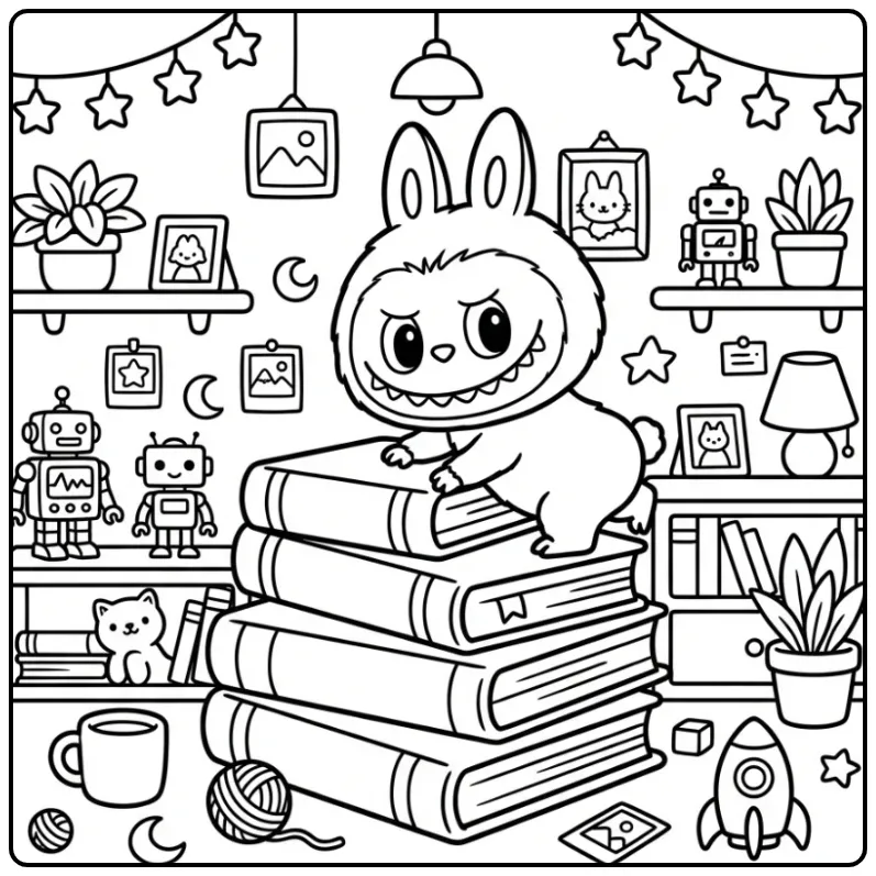 Playful Labubu Climbing on Books coloring page