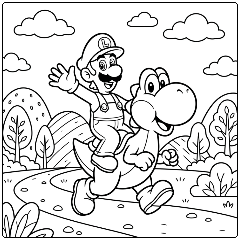 Playful Luigi Riding on Yoshi Through the Nature coloring page