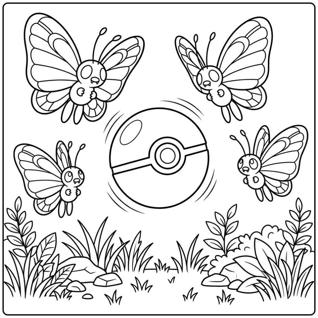 Playful Poke Ball with Butterfree in the Sky coloring page