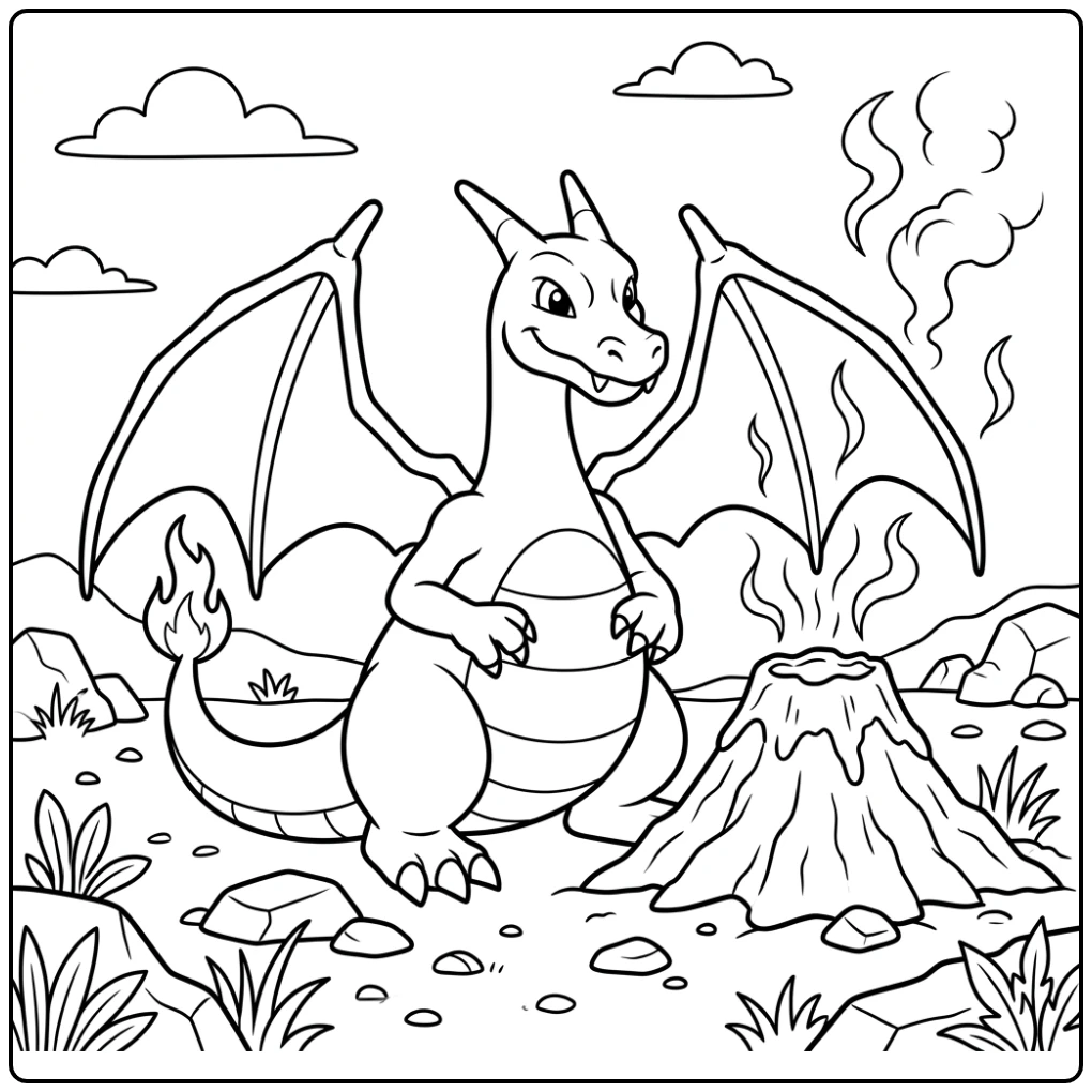 Playful Pokemon Charizard X with a Active Volcano coloring page