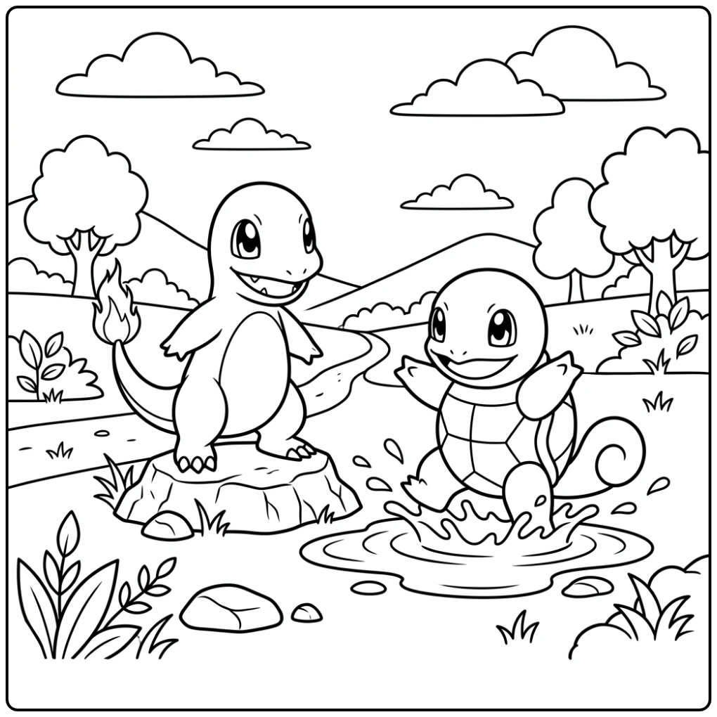 Playful Pokemon Easy with Charmander and Squirtle coloring page