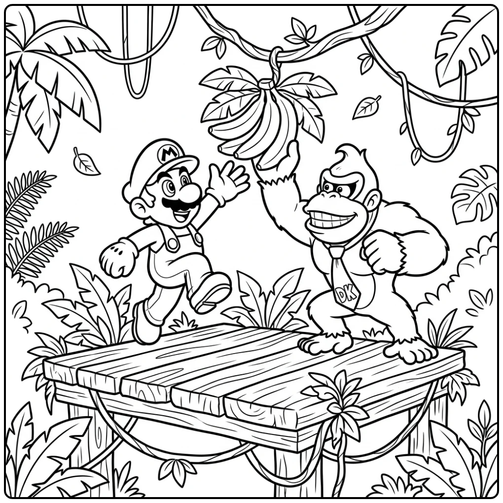 Playful Mario and Donkey Kong Banana Battle coloring page
