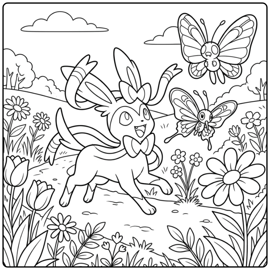 Playful Sylveon Butterflies and Flowers in the Nature coloring page