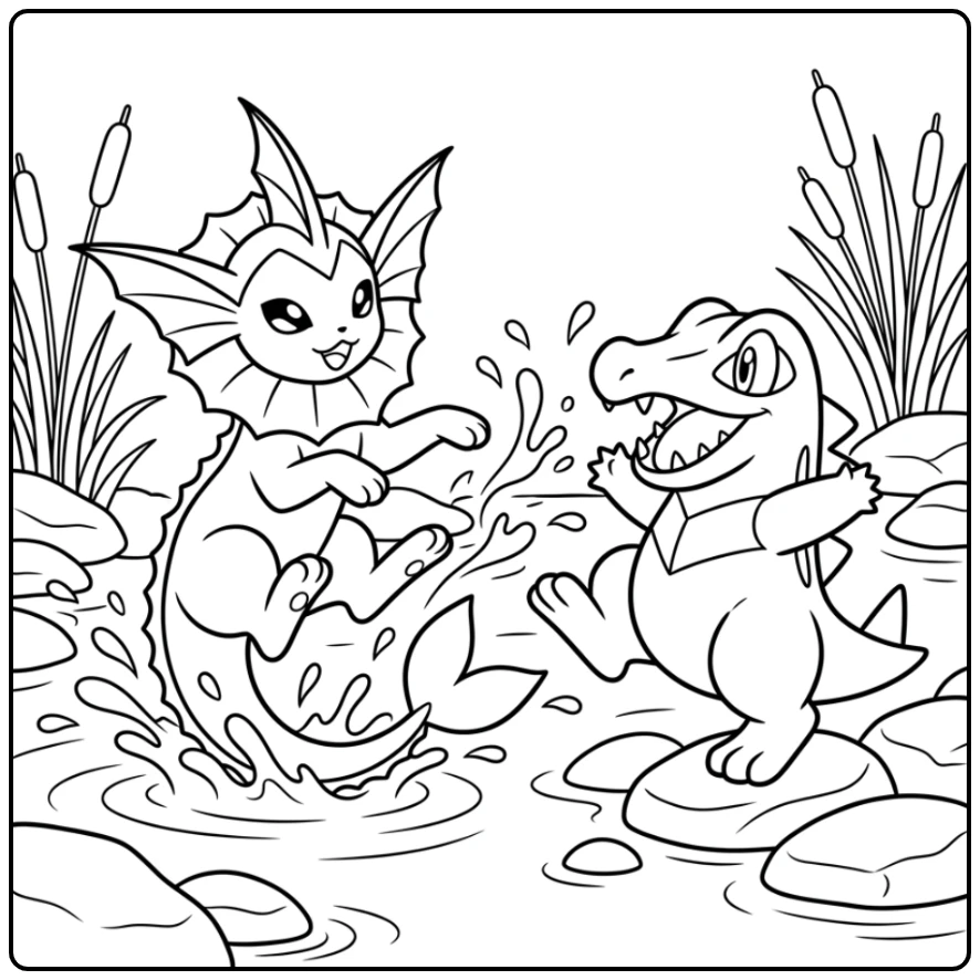 Playful Vaporeon and Totodile with the Stream coloring page