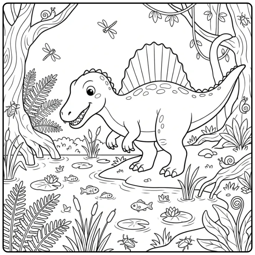 Spinosaurus in the Water a Cheerful Dinosaur coloring page