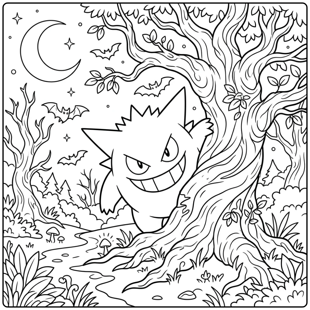 Ghostly Gengar in a Night Forest coloring page