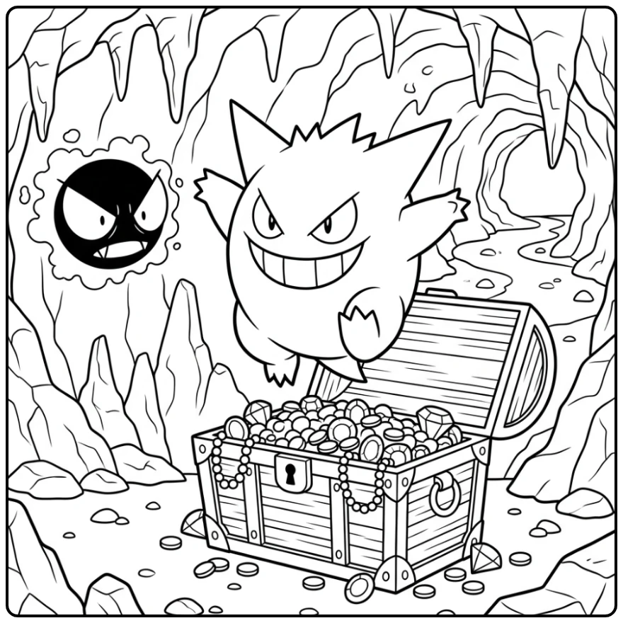 Ghostly Gengar Surprised Gastly in Dark Cave coloring page
