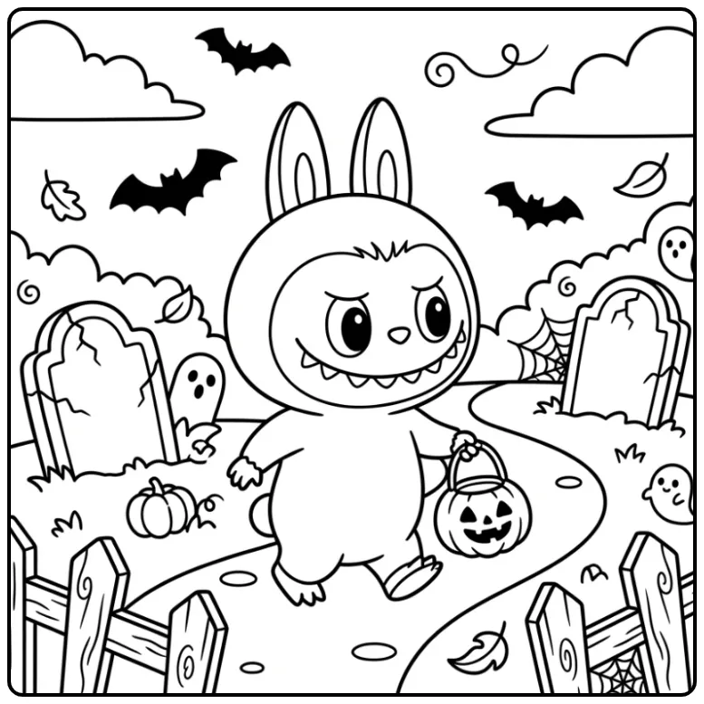 Ghostly Halloween Labubu with Bats coloring page
