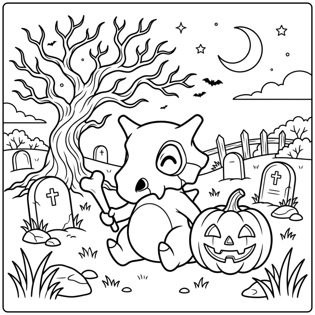 Ghostly Halloween Pokemon Cubone and Pumpkin on Graveyard coloring page